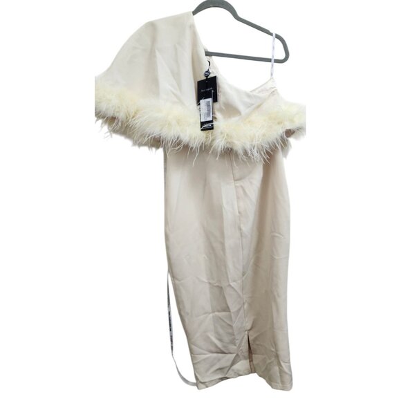 Club L London Victory | Lemon Asymmetric Midi Dress With Feather Trim Size US 8 - Picture 7 of 10